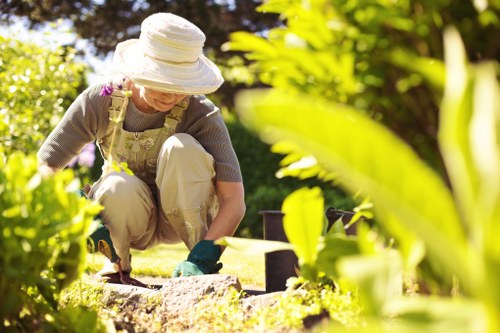 A woman wearing a wide-brimmed sun hat, beige trousers, and gardening gloves is kneeling on a well-maintained lawn in a backyard garden, engaged in planting or tending to a flower bed bordered by bricks. She is leaning forward with her hands close to the soil, surrounded by lush green foliage, including large leafy plants and smaller shrubs. The background features trees and bushes under a bright, clear sky, suggesting a sunny day with natural daylight illuminating the vibrant green grass, the earthy soil, and the various garden elements. This outdoor space reflects a neatly landscaped yard with a mix of grass, flower beds, and natural plant growth. The scene captures maintenance or gardening activity typical of professional gardening services in the Acton or London area, emphasizing a healthy, well-kept outdoor environment associated with local gardening expertise.