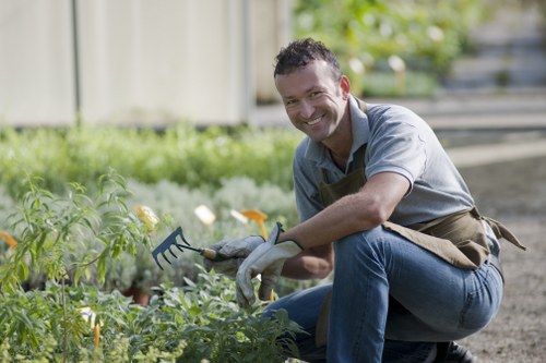 A man with short dark hair and a cheerful expression is crouching in a backyard garden, tending to a bed of young green plants with small yellow and white flowers. He wears a light grey polo shirt, blue jeans, and a brown garden apron, holding a small hand rake in his right hand. The garden features a well-maintained grassy lawn in the foreground, with the plant bed bordered by a narrow dirt path. In the background, there are wooden fences and blurred trees, suggesting a private outdoor space in Acton. The overall scene depicts outdoor gardening activities under natural daylight, with the environment appearing lush, orderly, and suitable for gardening services offered by Landscapers Acton.